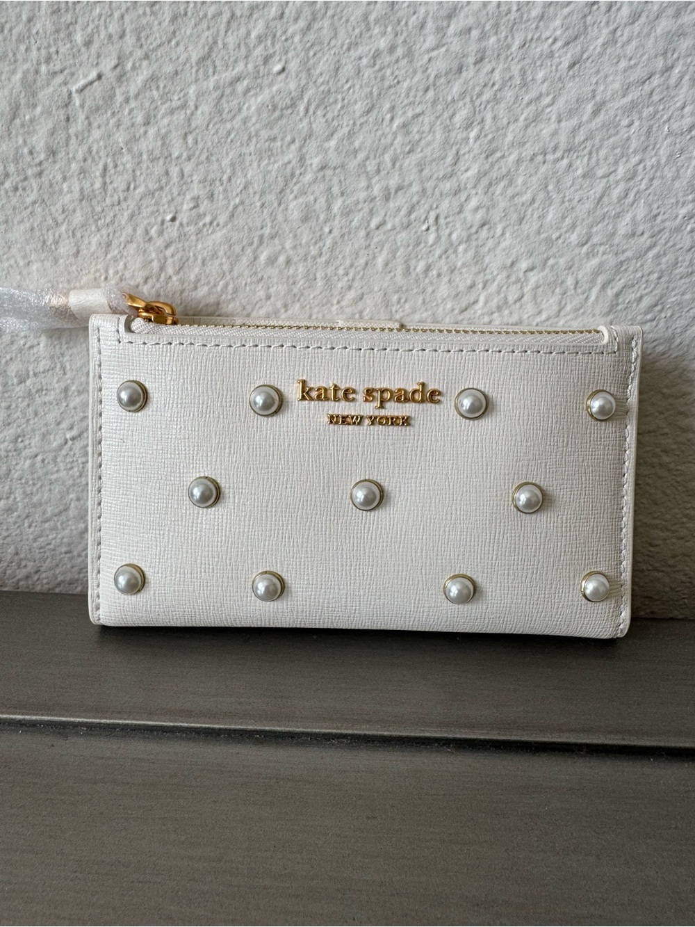 Kate Spade Purl Embellished Small Slim Bifold Wallet Pearl Gold